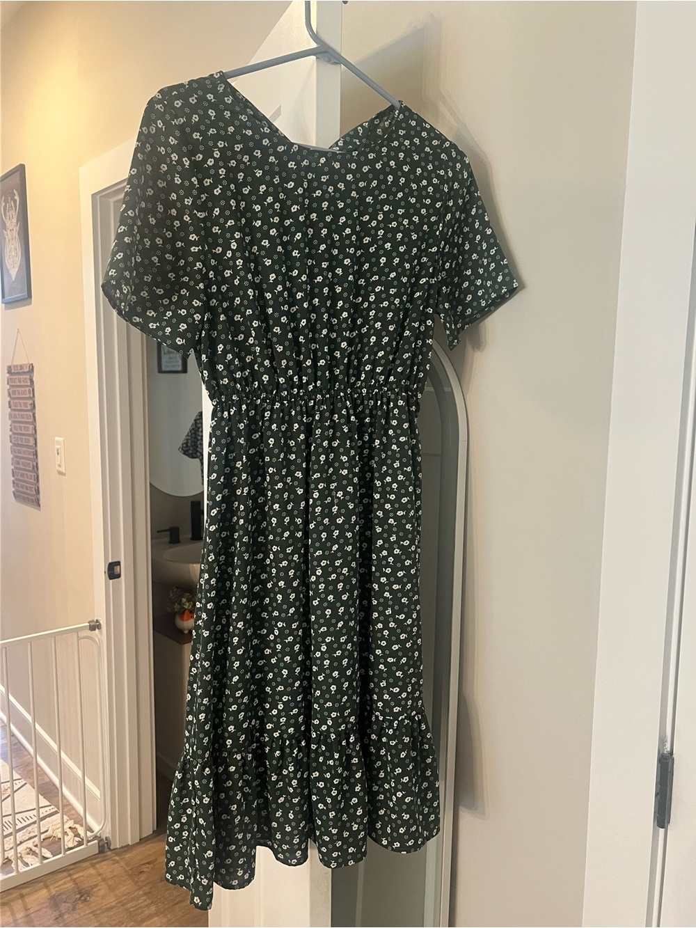 Dark Green Floral Midi Dress with Smocked Waist